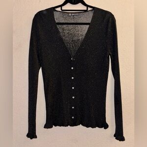 ANNE KLEIN Black Sparkling Metallic V-Neck Buttoned Cardigan - Large